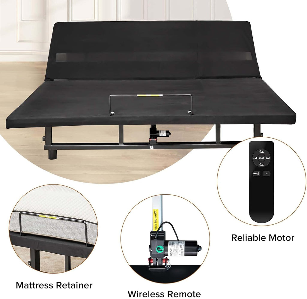 King Size Adjustable Metal Bed Frame with Wireless Remote Control and Quiet Motor, Independent Head and Foot Incline