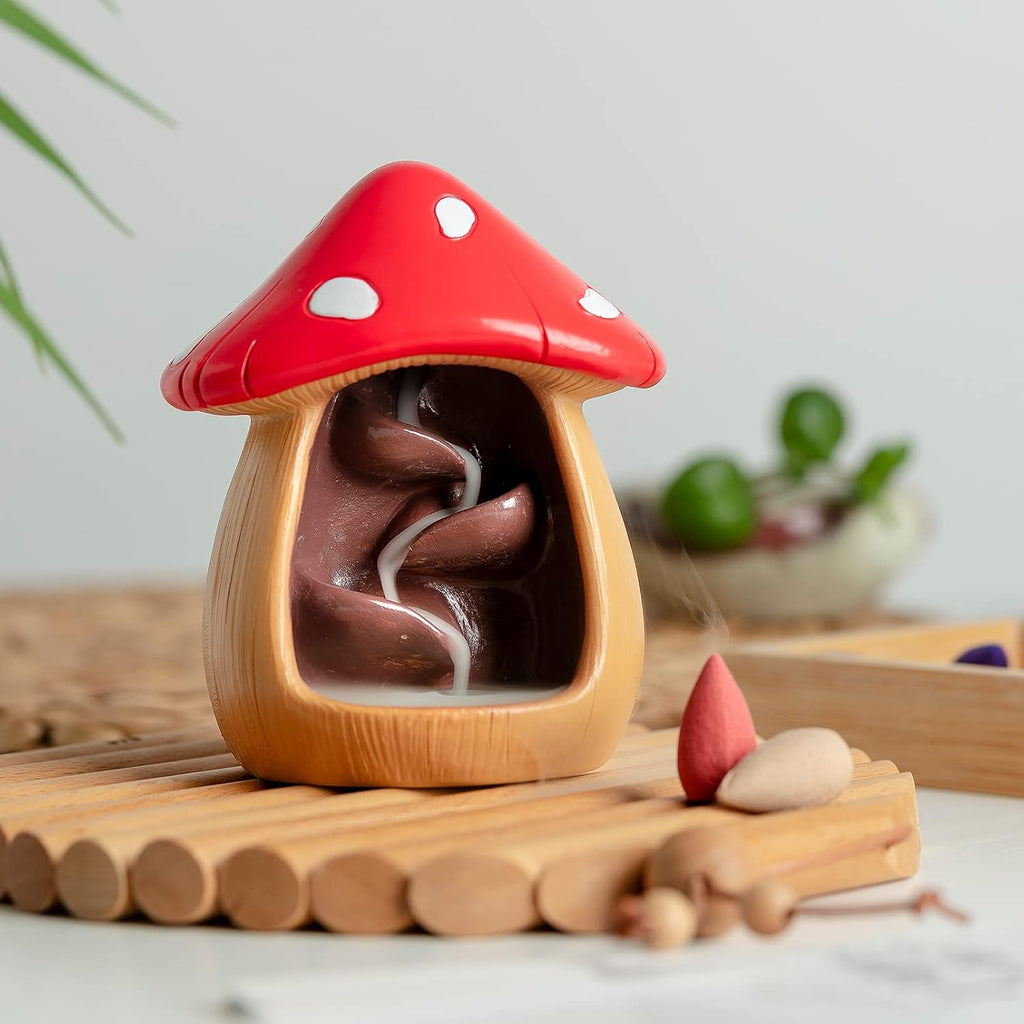 Cute Mushroom Incense Holder with 60 Incense Cones, Handmade Waterfall Backflow Incense Burner, Nature Theme Incense - Set of 60