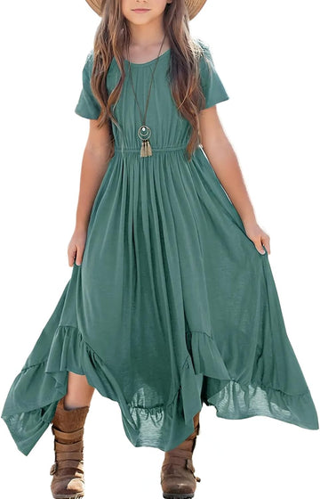 Tween Girls Maxi Dress Short Sleeve Casual Flowy Boho Style Summer Long Dress for Girls Big Kids