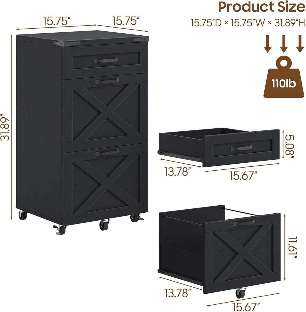 3 Drawers Farmhouse File Cabinet with Wheels , Rustic Black | Vertical Filing Cabinet Fits Letter/A4 Size, Rolling
