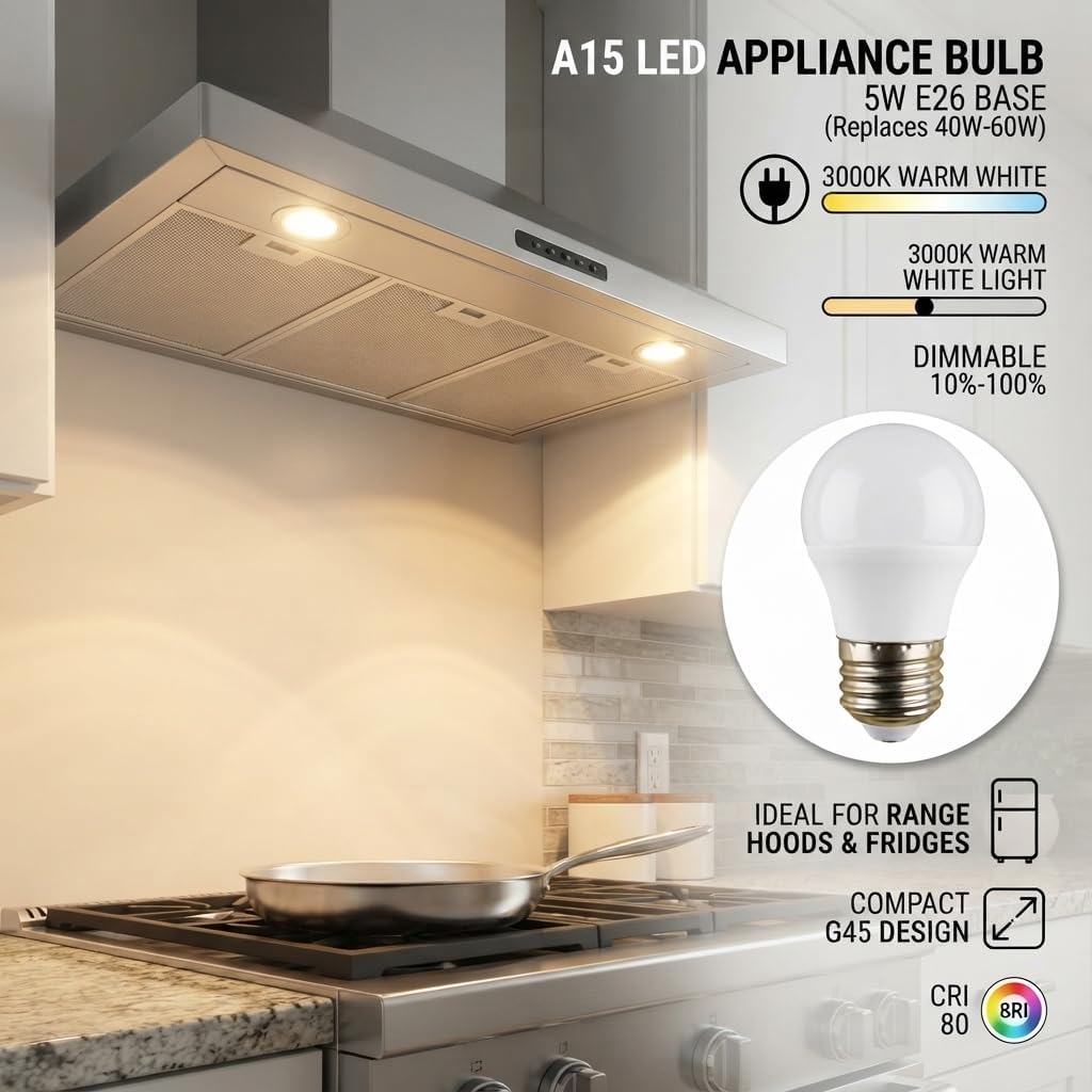 E26 Range Hood Bulbs, Dimmable A15 LED Appliance Bulb, 5W Refrigerator Lamp