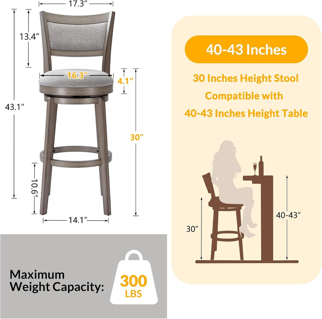 Swivel Bar Stools Set of 2, 30 Inch Bar Height Barstools, High Back Bar Stool with Solid Wood Legs & Wrap-Around