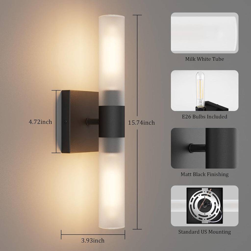 Black Wall Sconces Set of Two,15.7in Dimmable Hardwired LED Sconce Lighting Modern Indoor Vanity Sconce with Frosted