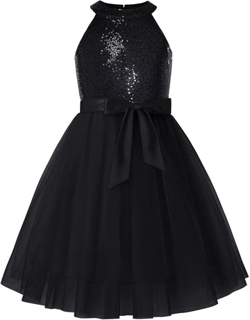 Girls Sequin Tulle Halter Dress Party Formal Gown