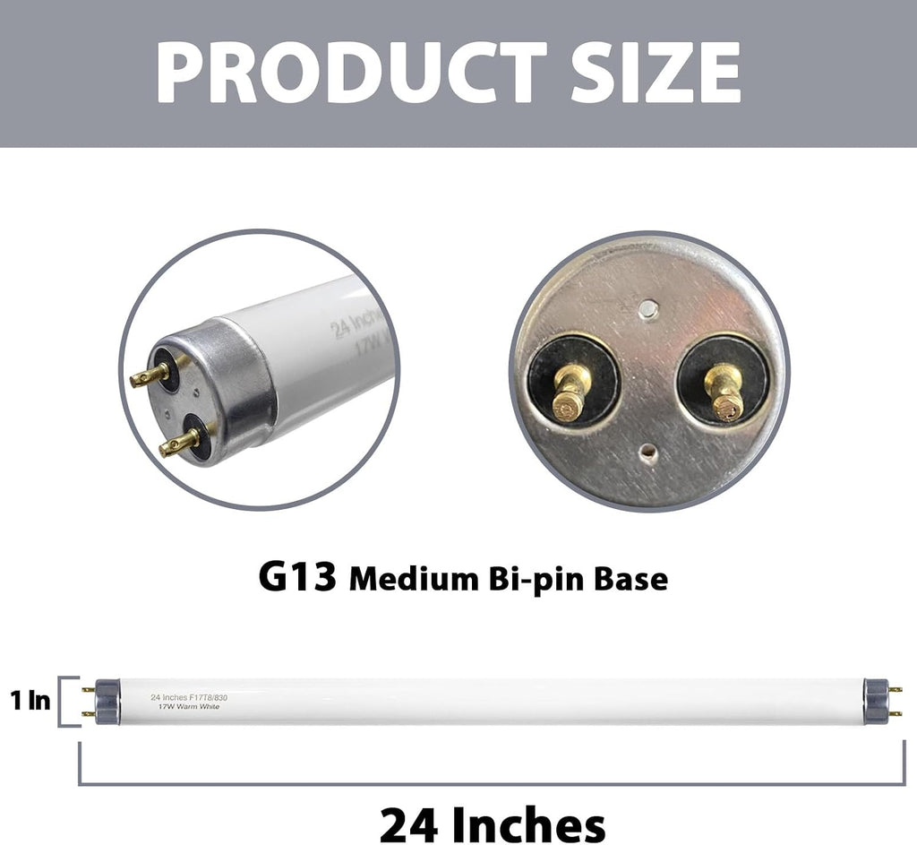 24 inch F17T8/830 17 Watts Light Bulb Warm White, 2 Foot Straight Fluorescent Tube T8 Tube Light F17T8/WW, 1500 Lumen