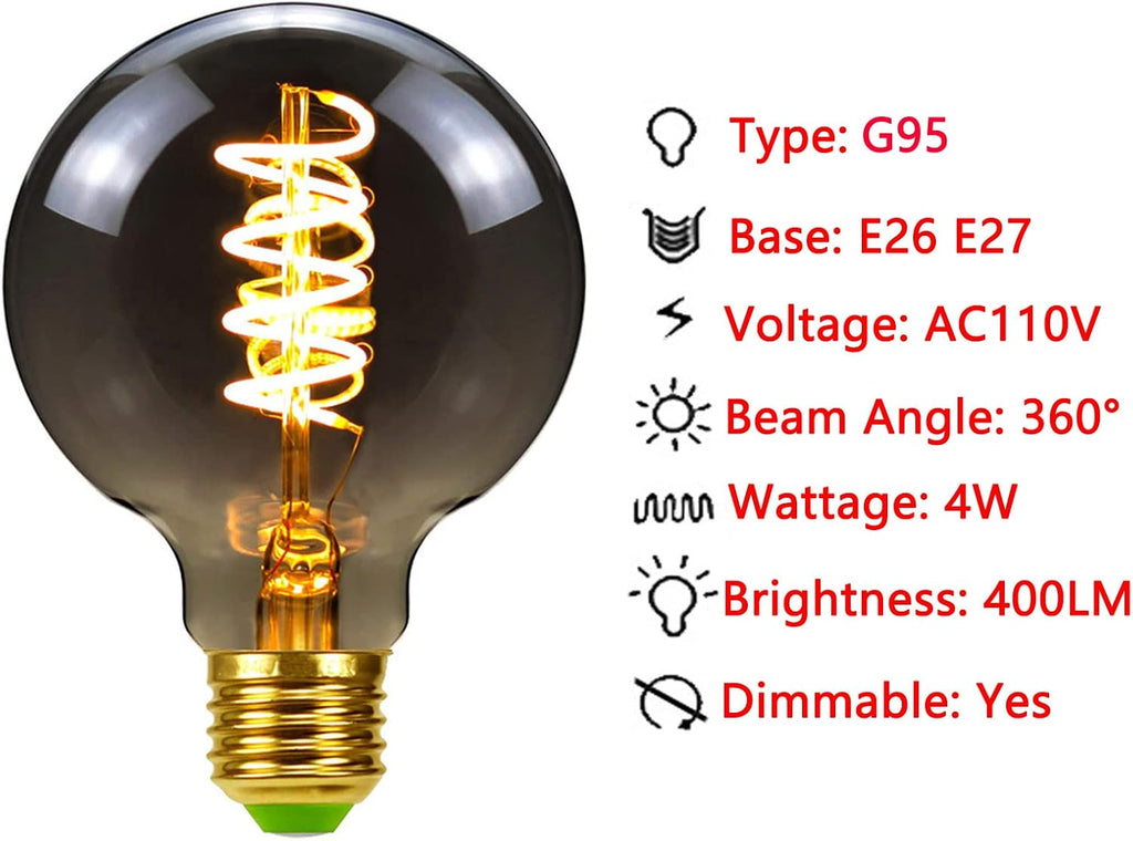 LED Edison Globe Light Bulb 4W Dimmable G30/G95 Large Decorative Rund Bulbs Warm White 2700K Spiral Filament Bulb 40W