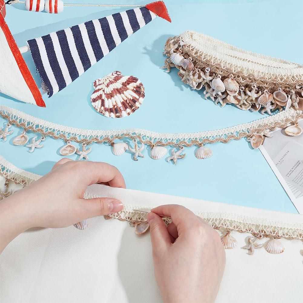 1-1/2 Inch Shell Fringe Trim Starfish & Shell Charms Boho Lace Ribbon Ethnic Style Craft Ribbon Fringes Trim - 5 Yards