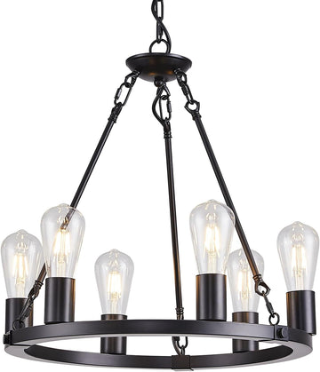 Inspired Camino Style Chandelier - Farmhouse 6 Lights Black Wagon Wheel Chandelier,Modern Vintage Round Pendant Light Fixture for Dining Room,Living Room, Entryway Foyer Kitchen Island, E26 A105-B0D78D9V8L