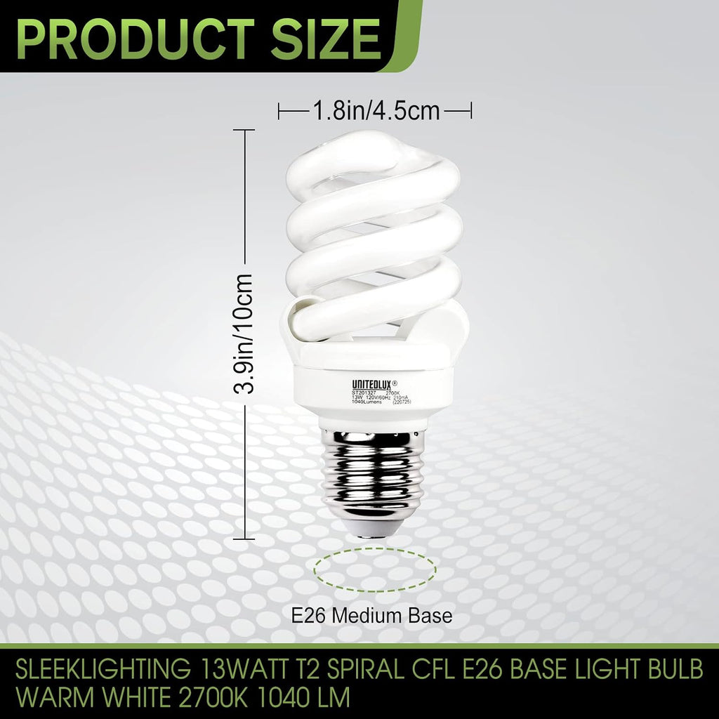 E26 Spiral CFL Light Bulbs Medium Base 13Watt (60Watt Equivalent) Soft White 2700K, 1040Lm Non-dimmable Compact