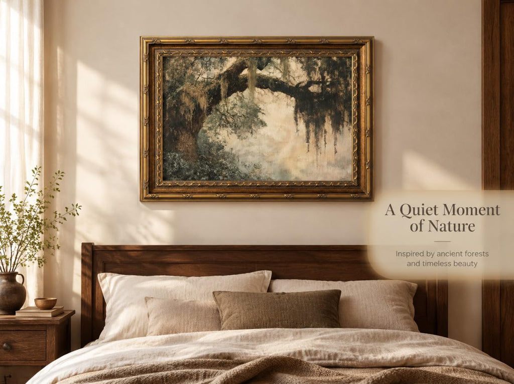 Vintage Gold Framed Vintage Oak Tree Wall Art Retro Landscape Canvas Wall Decor Oak Tree Moss Artwork Picture Retro