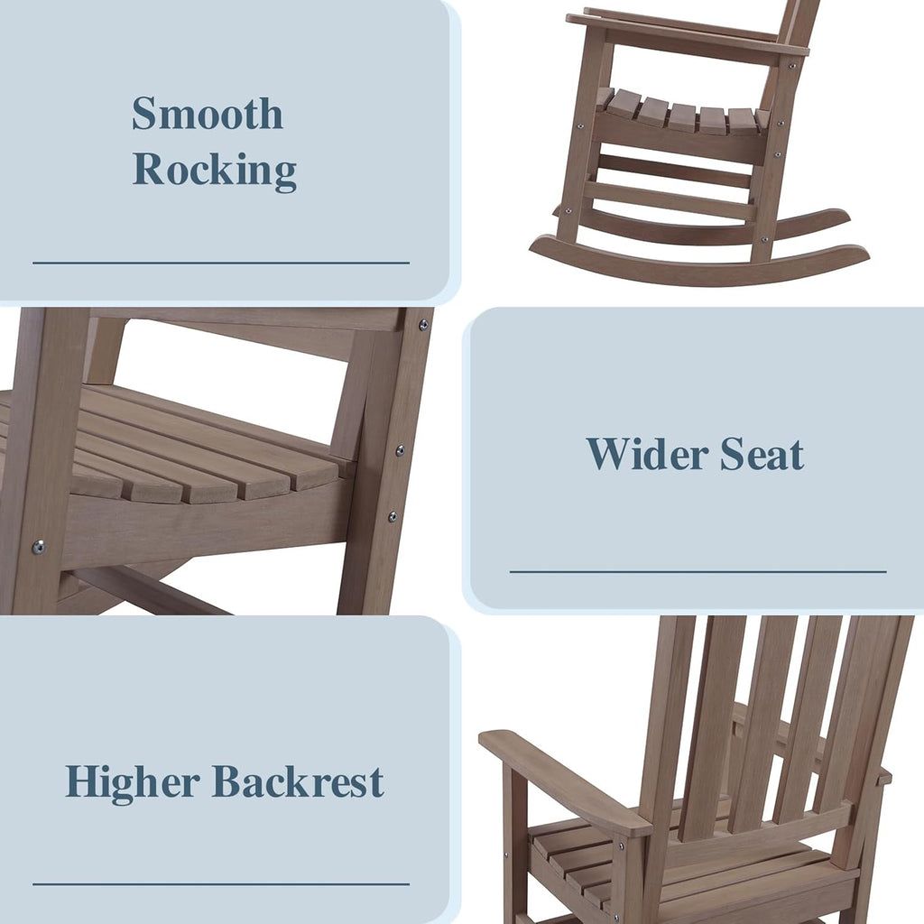 Oversized Outdoor Rocking Chair, HDPE Porch Rocker (Brown) | High Back Rocking Chairs for Adult, 350lbs Weight