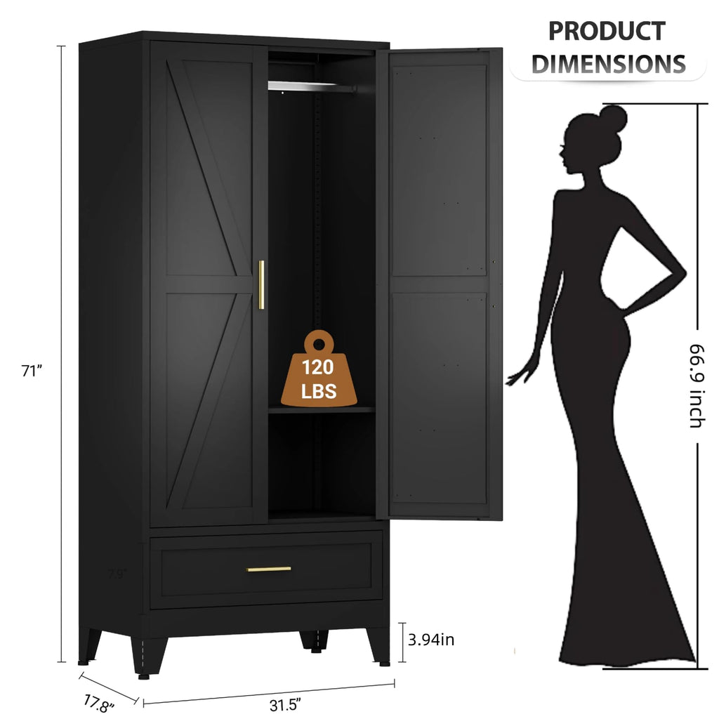 71" H Armoire Wardrobe Closet with 1 Drawer, Metal Wardrobe Closet with Doors and Adjustable Shelves, Wardrobes