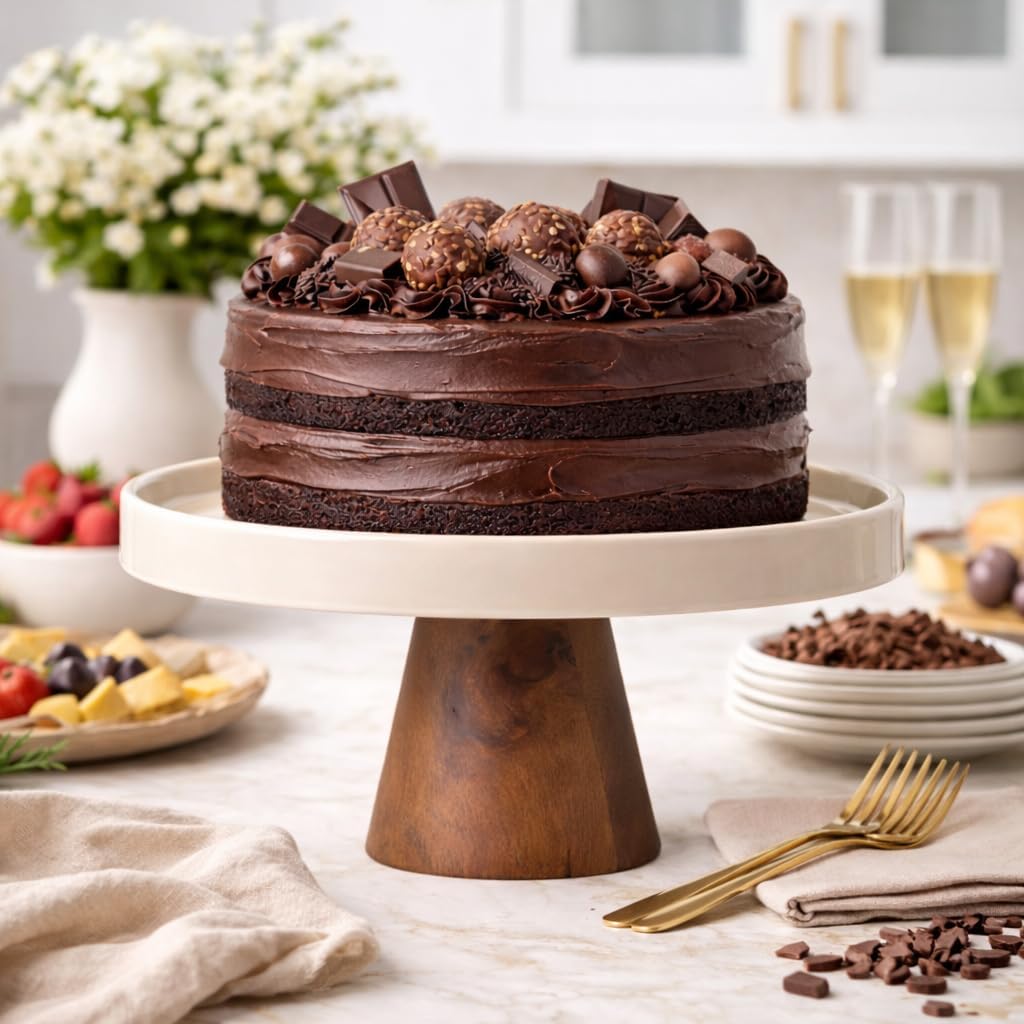 10.7-Inch Stoneware Cake Stand with Acacia Wood Base - Taupe Round Dessert Display Stand for Cakes, Cupcakes & Party