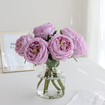 Purple Fake Peonies with Vase, Real Touch Peony Floral Arrangement Decor - Set of 6