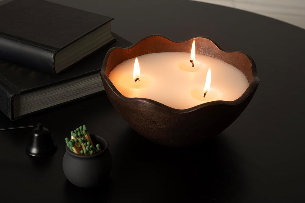 Alessia Scalloped Round Metal Candle Bowl, 8 Inch Diameter, Bronze, Modern Three-Wick Unscented Candle