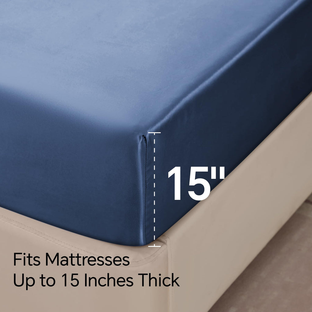 Satin Sheets King Size Bed Set, Navy, 4 Pieces
