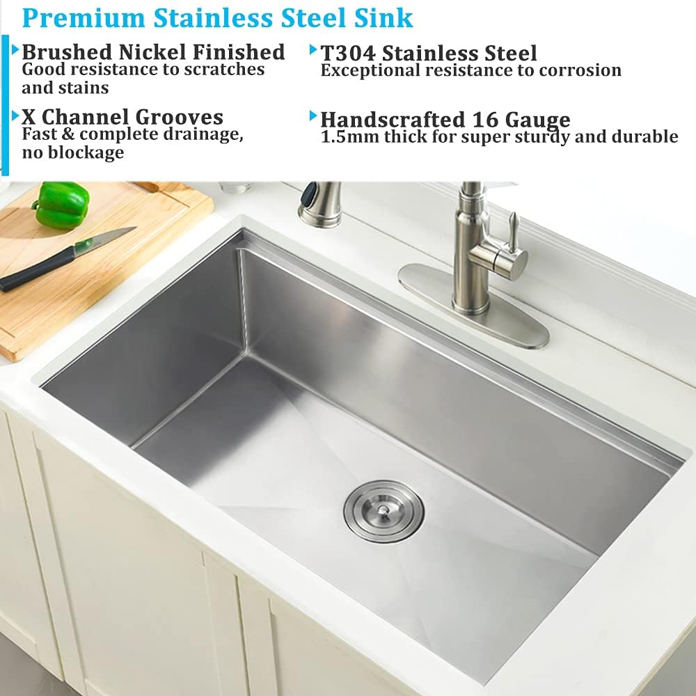 32-inch Undermount Workstation Kitchen Sink Single Bowl | 16 Gauge Stainless Steel Kitchen Sink Handmade R10 Deep