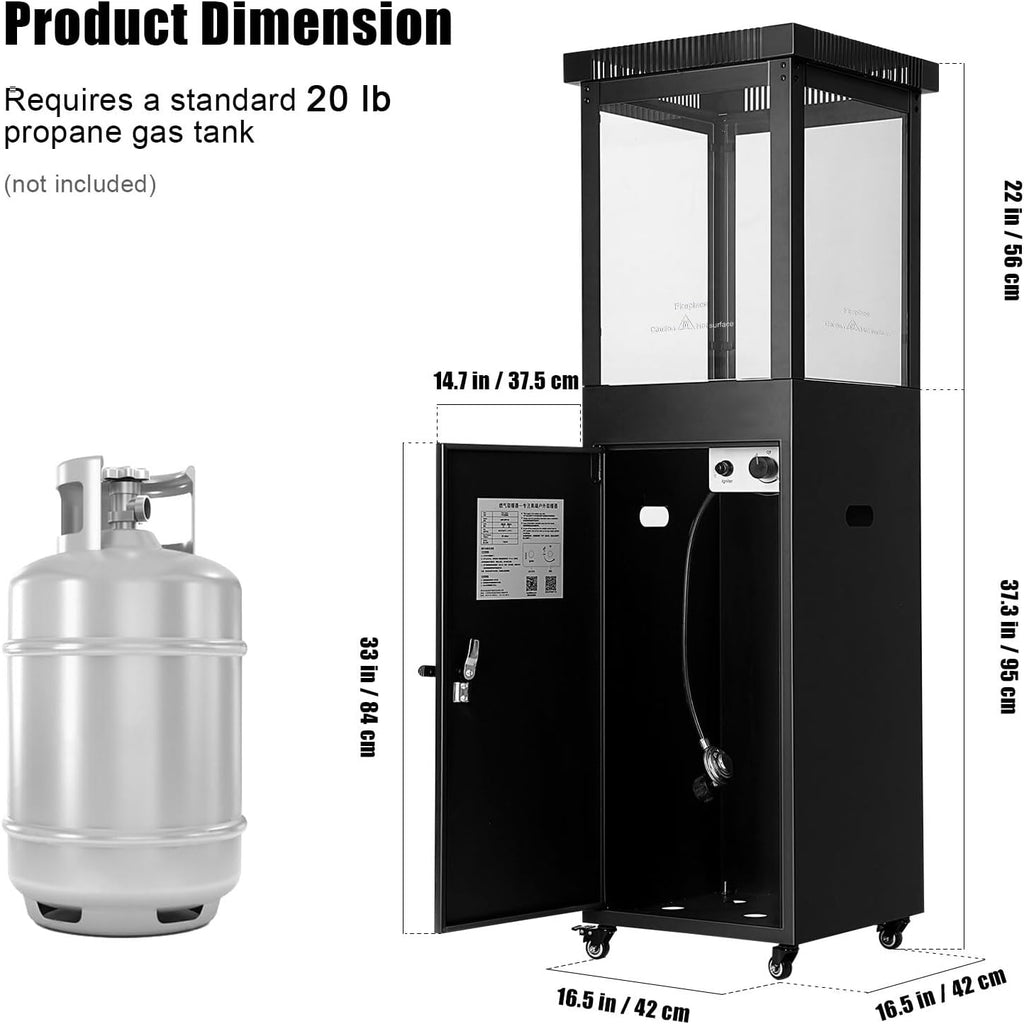 Outdoor Propane Heater: Standing Gas Heater With Glass Panel Lockable Wheels, 41,000 Outdoor Heating Burner Garden