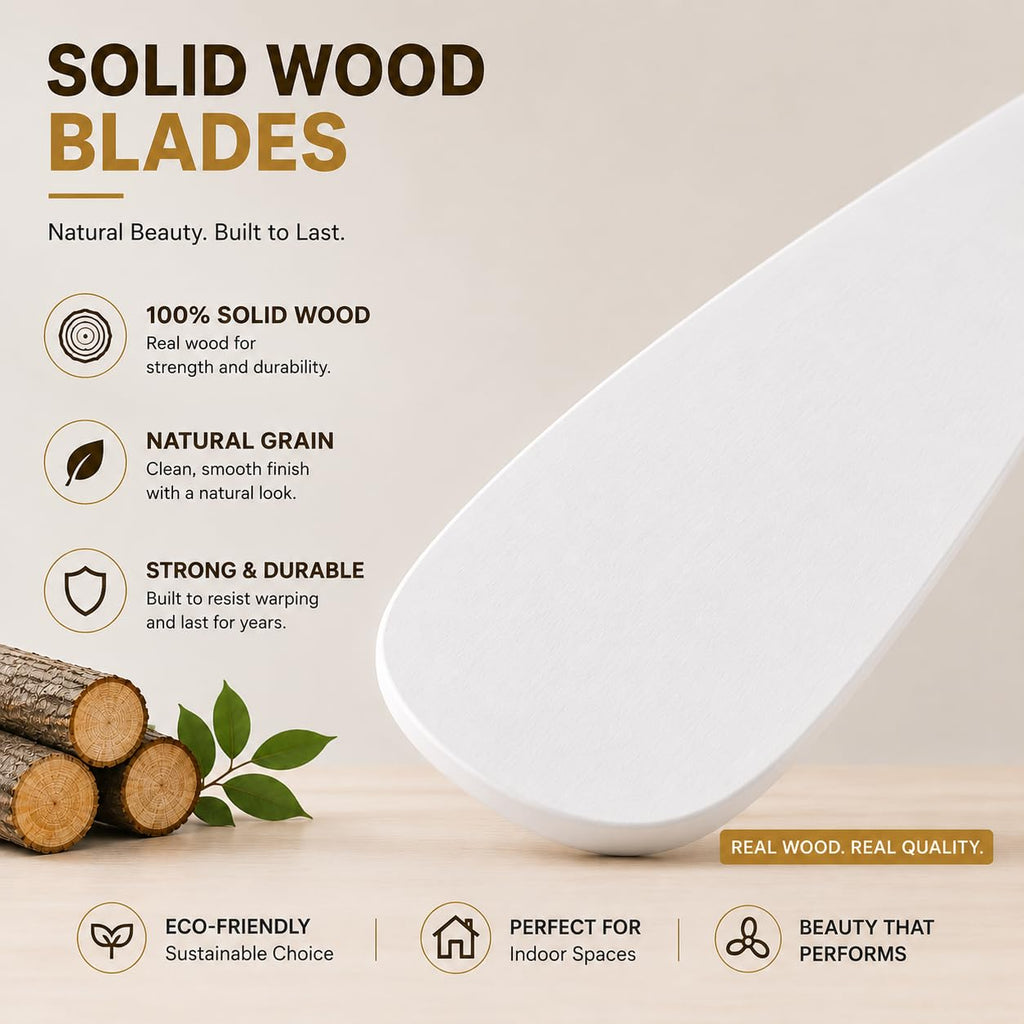 52 Inch White Ceiling Fan with Light, Solid Wood Blades, White and Gold Low Profile Ceiling Fan with Remote & APP