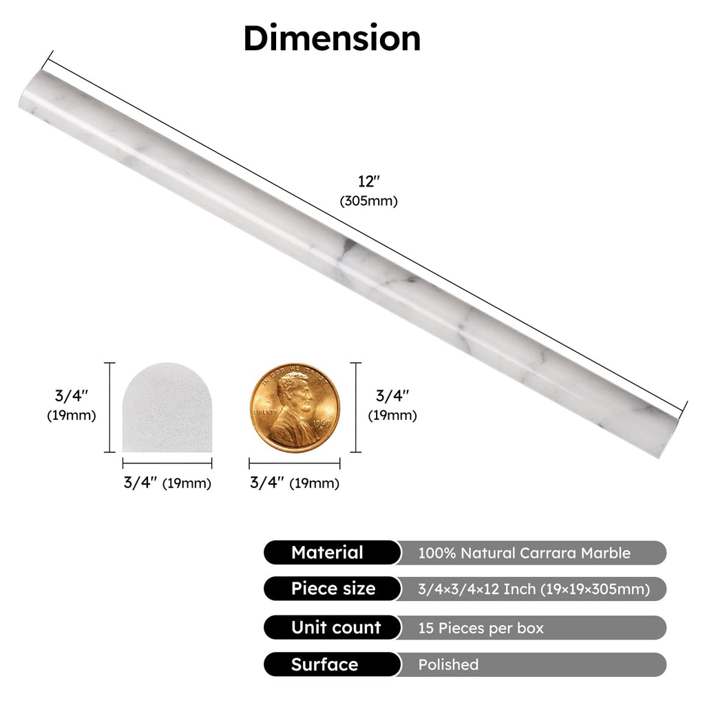 15 Pcs Carrara White Marble Pencil Liner Trim, 3/4×12 Inch Polished