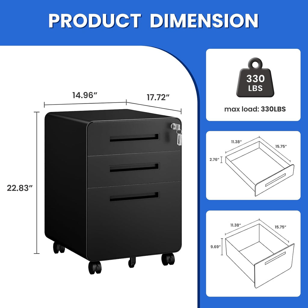 Mobile Filing Cabinet 3 Drawer, Rolling Small File Cabinet with Keys Under Desk, Modern Black Filing Cabinets with