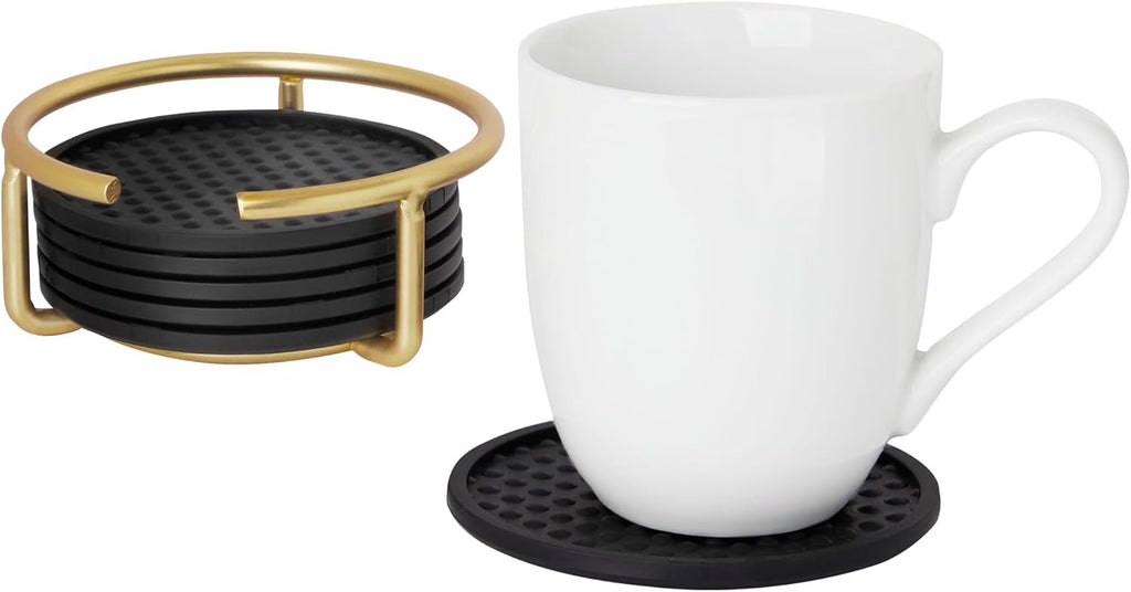 Absorbent Coasters with Holder Gold Modern Table Drink Coasters for Table Protection, Absorbent Silicone - Set of 6