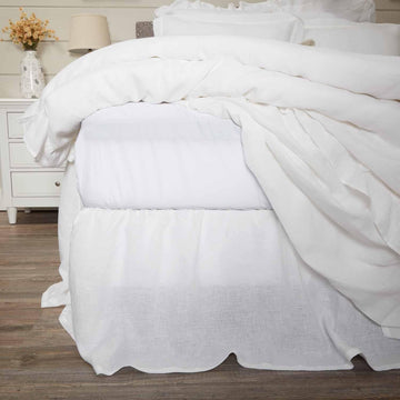 Provincial Linen White Queen Ruffled Bed Skirt with 21" Drop and Split Corners, 100% Linen Dust Ruffle