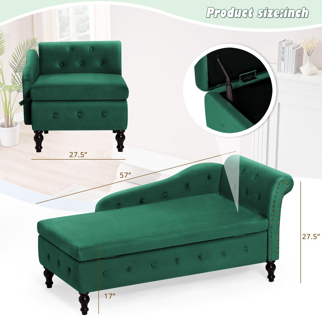 Velvet Chaise Lounge w/Right Armrest & Storage Space, Green