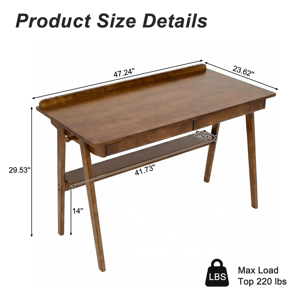 47'' Mid Century Modern Solid Wood Small Office Desk with Storage Drawers