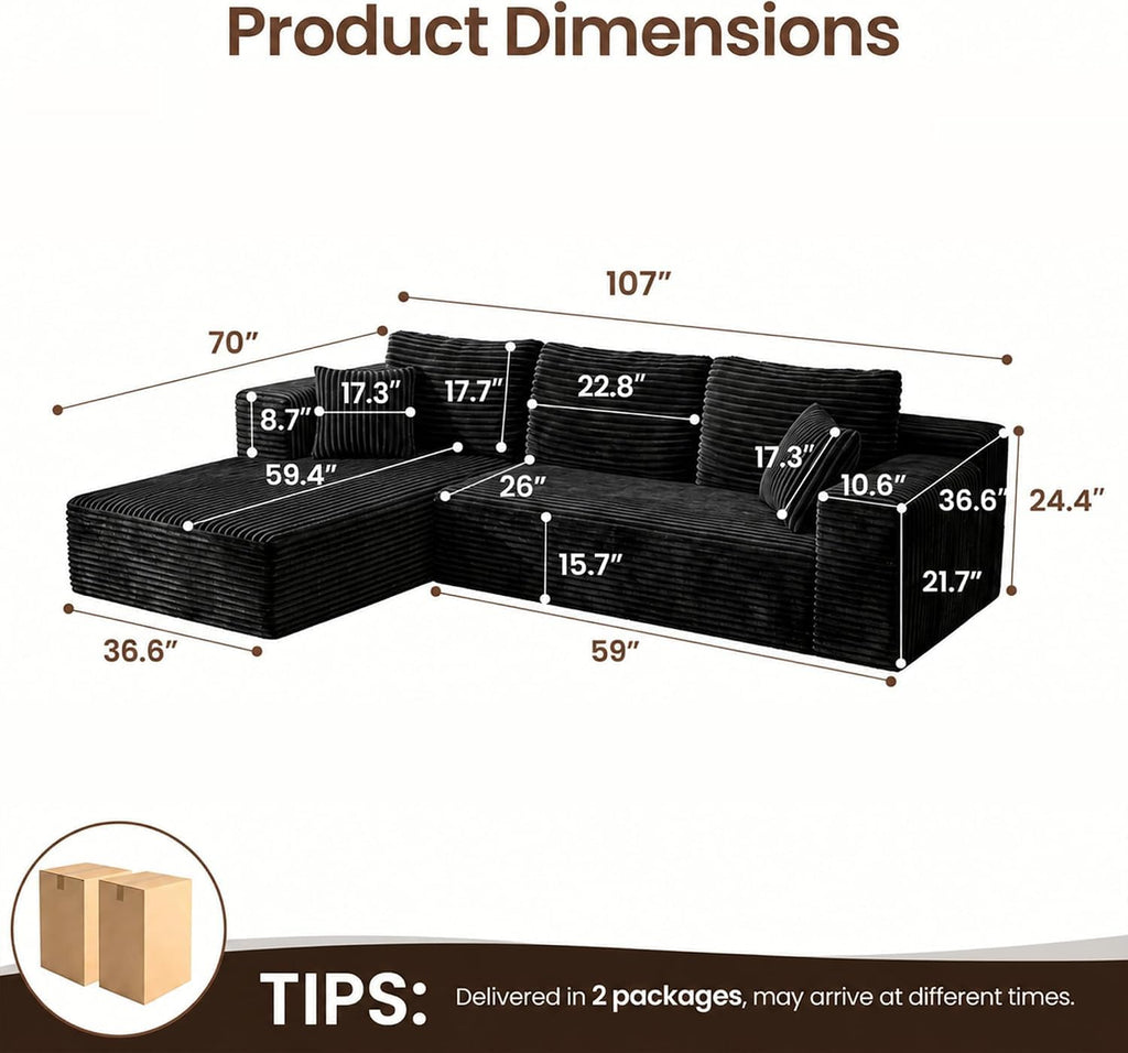 108" L Shaped Boneless Couches, Comfy Modular Deep Seat Compressed Corduroy Sofa, Side Pocket Black, Left Facing