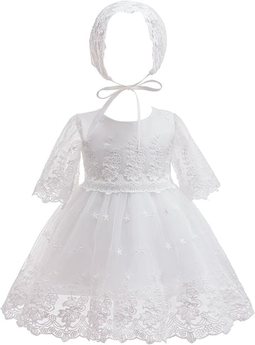 Baby Girls Baptism Christening Dress Infant Toddler Floral Lace Gown With Bonnet