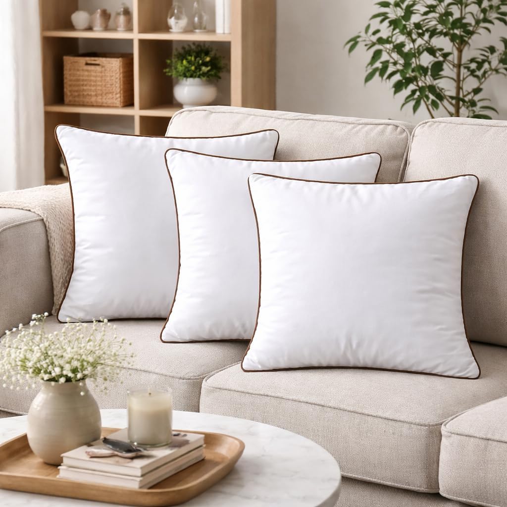 18 x 18 Inch Throw Pillow Inserts - Square White Cushion Forms with Brown Piping, 500g Filled for Decorative - Set of 6