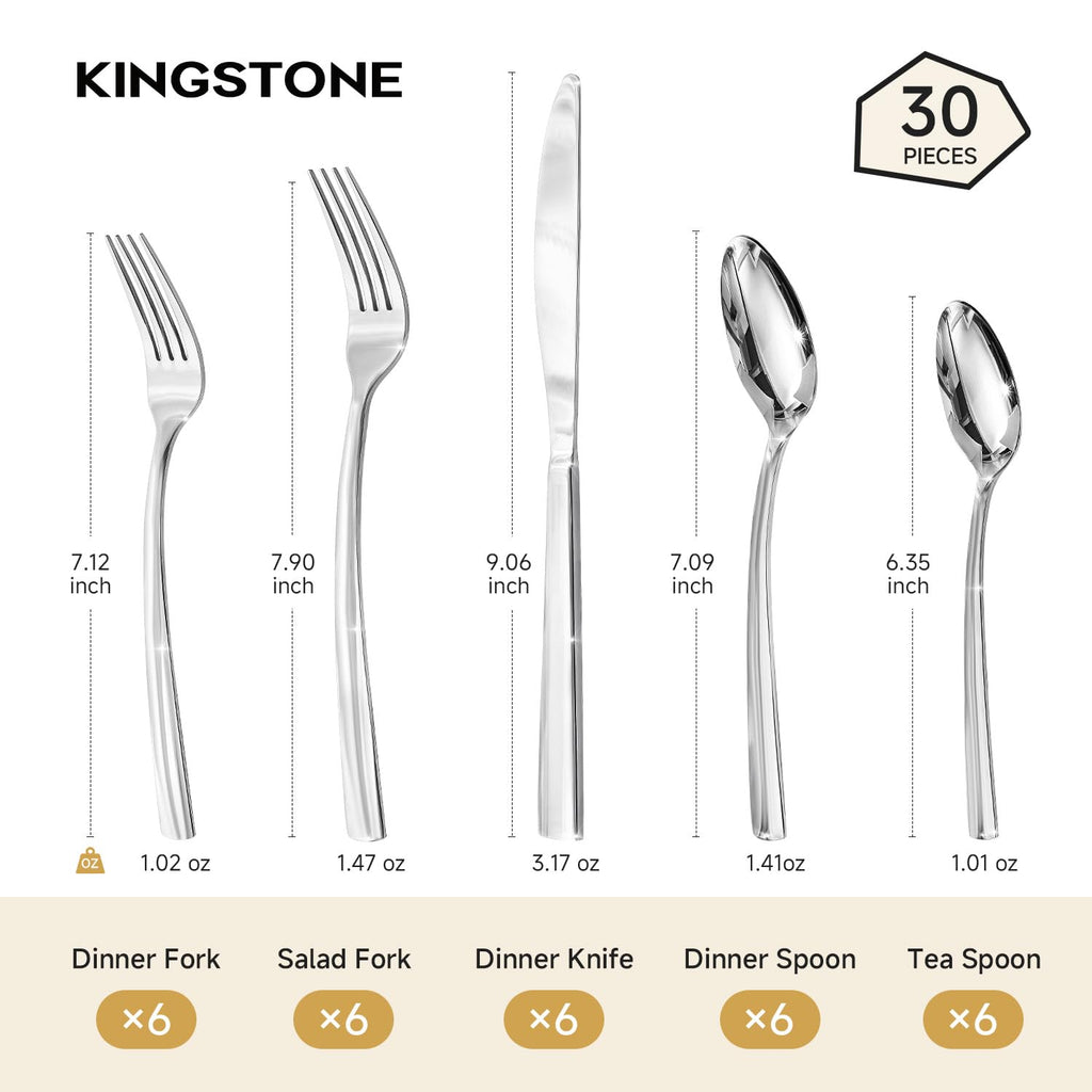 Silverware Set for 6, 30 Piece 18/10 Stainless Steel Flatware Set, Mirror Polished Cutlery Set with Knives Forks