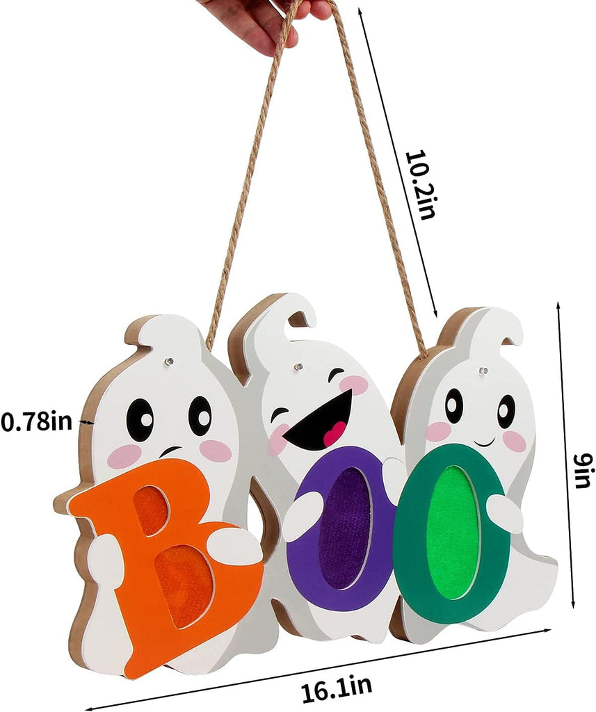 Halloween Door Decor Hanging Sign, BOO Ghost Halloween Door Hanger with Light for Front Door Decorations Outdoor - Set of 3
