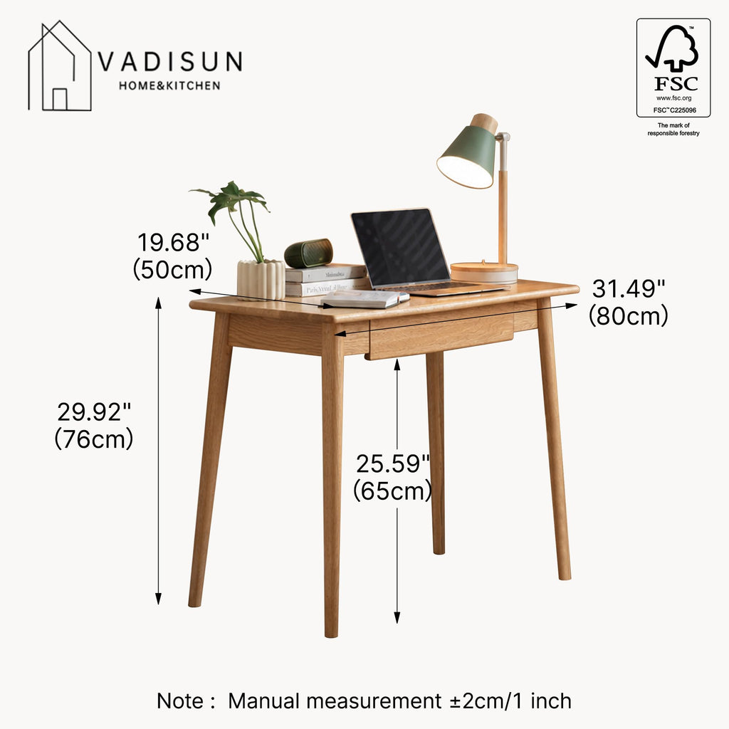 100% Solid Oak Wooden Desk Home Office Desk Mid Century Modern Writing Computer Desk with Drawer 31"
