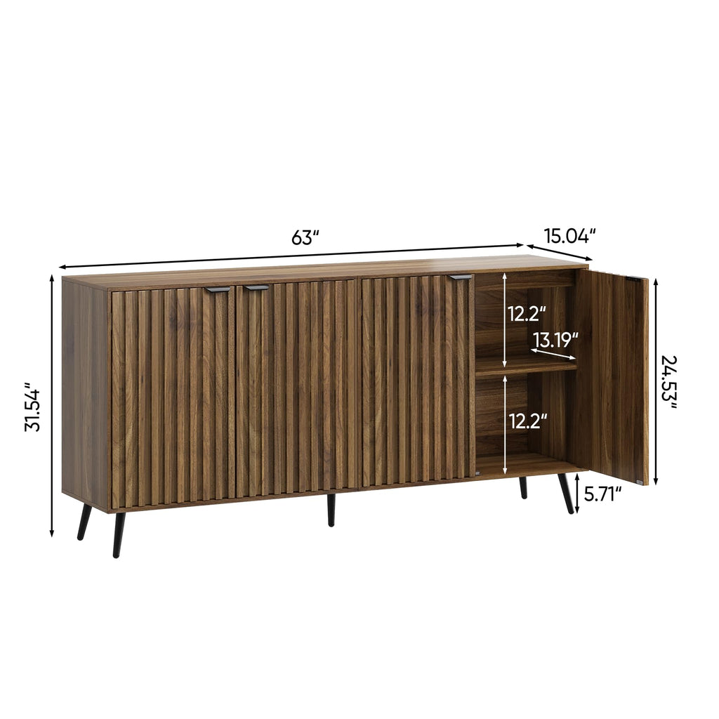 63" Fluted Sideboard Cabinet, Freestanding Walnut Buffet Cabinet with Adjustable Shelf, Wood Storage Cabinet