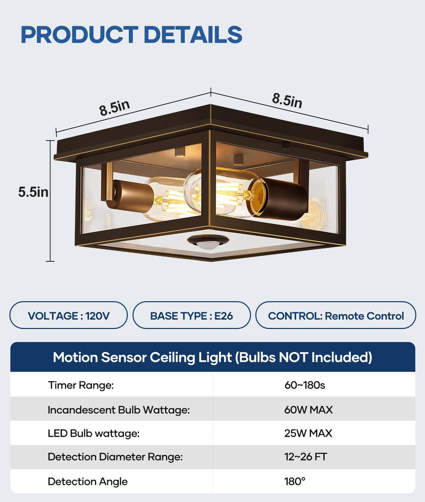 Motion Sensor Outdoor Ceiling Light with Remote, 8.5 Inch Brown and Gold Flush Mount Porch Light Fixture with United