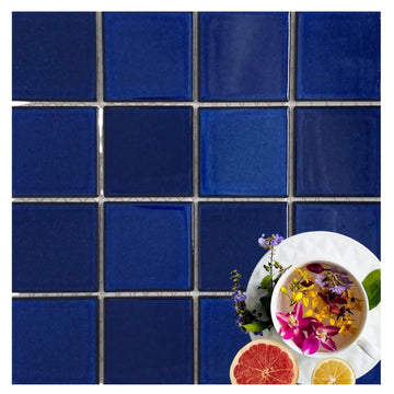 Premium Quality 3x3 Cobalt Blue Square Pattern Porcelain Mosaic Floor Wall Tile on Mesh Mounted Backsplash, Pool
