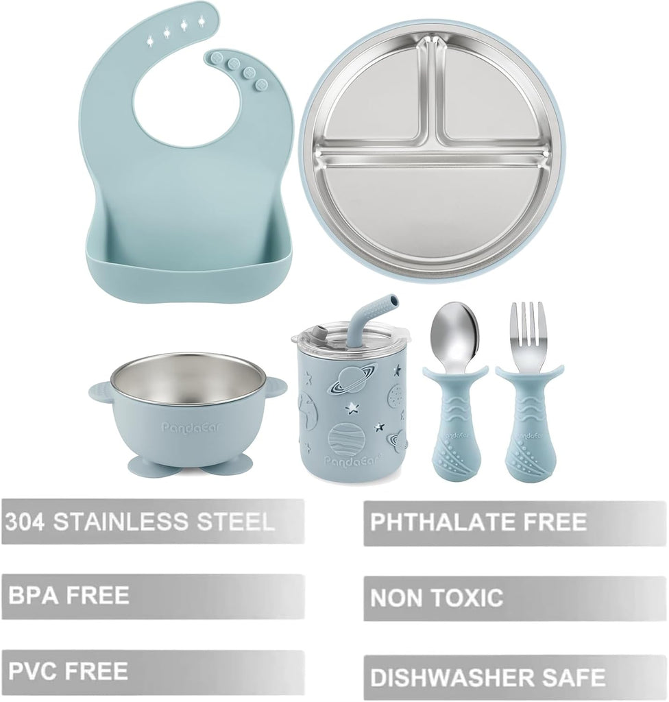 In-1 Stainless Steel Baby Feeding Set | Divided Suction Plate, Bowl, Sippy Cup with Straw, Bib, Spoon & Fork