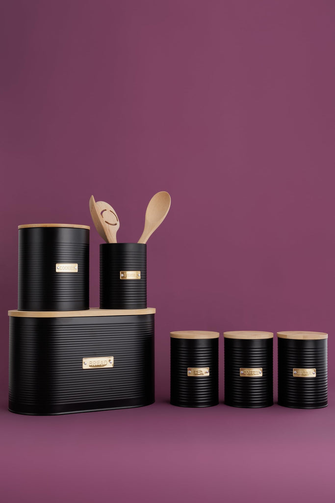Living Otto Airtight Tea Storage Canister with Bamboo Lid, 1.4 Litre, Matte Black/Gold