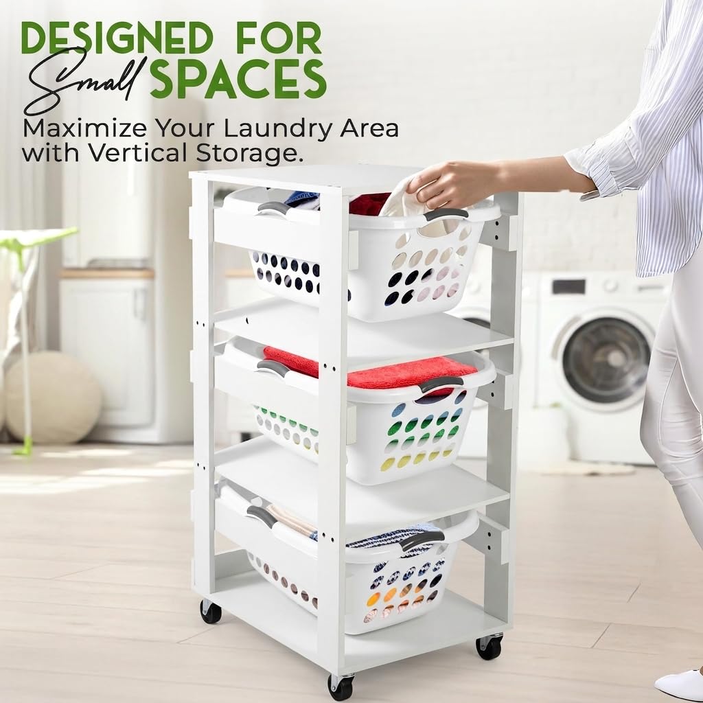Laundry Basket Holder Shelf, Stackable Laundry Sorter, White, 3 Tier