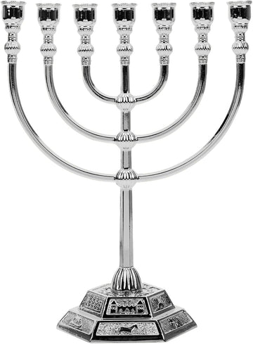 Traditional Jewish , 7 Branch Silver-Plated Candle Holder Altar, Judaica Decor from Holy Land Jerusalem, Table