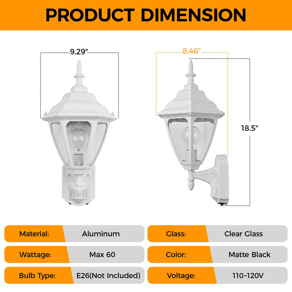 18.5"Large Outdoor Motion Sensor Porch Light Dusk to Dawn Wall Light White