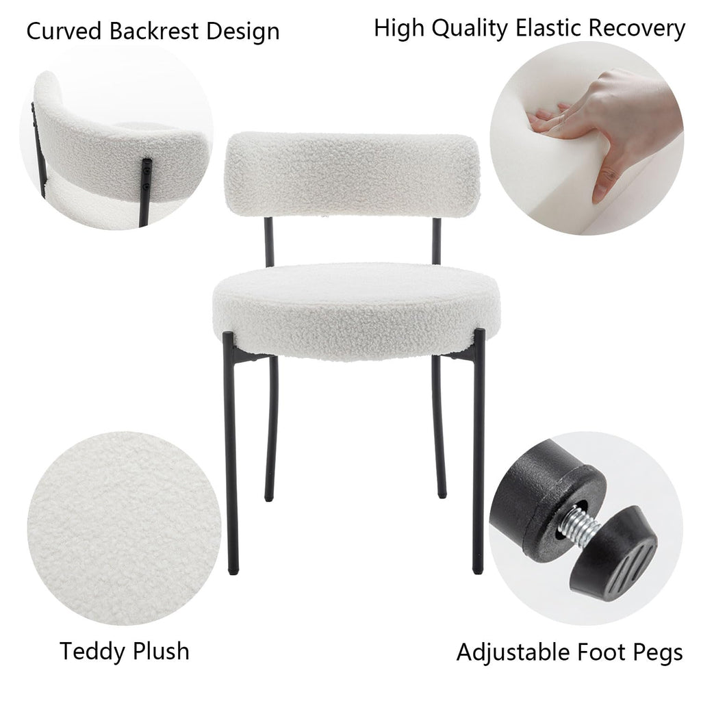 White Boucle Set of 4, Upholstered Dining Room Chairs with Black Metal Legs, Round Modern Dining Chair