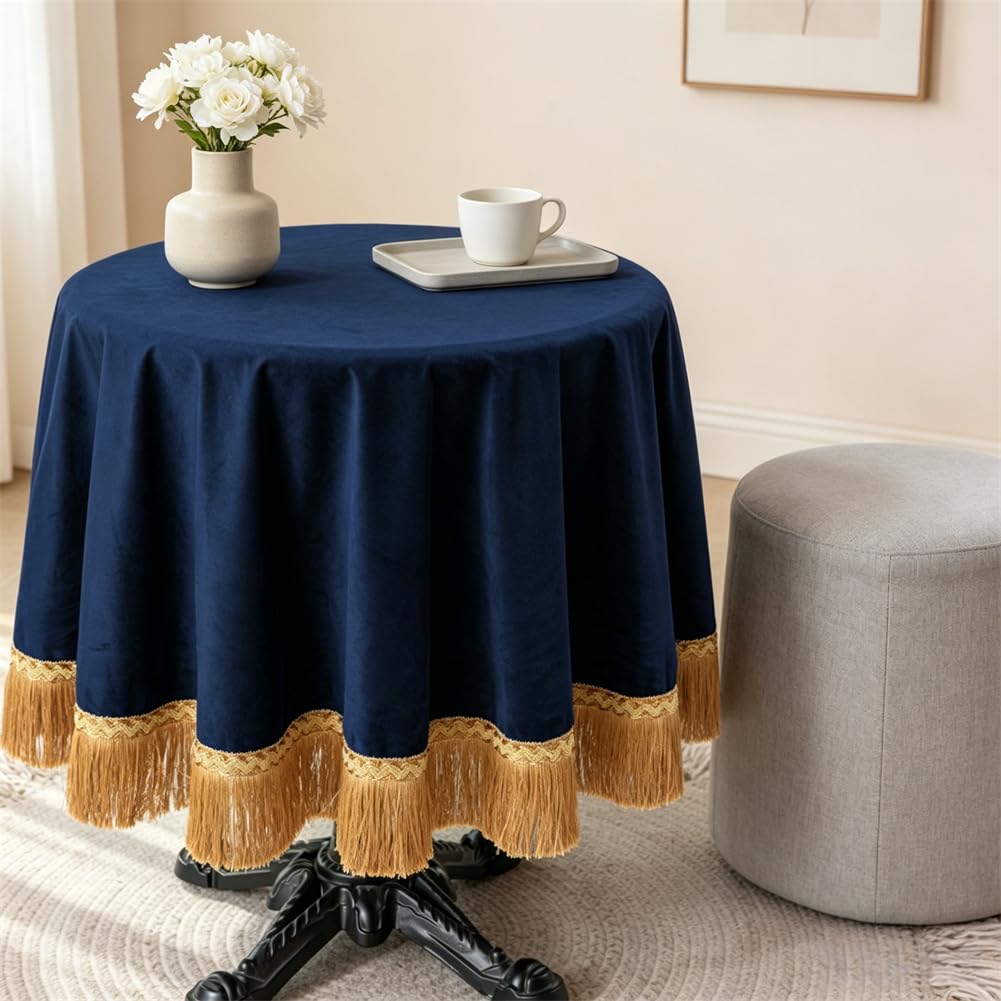 Round Velvet Tablecloth, 48 Inch Navy Blue Decorative Table Cover with Gold Tassel Trim, Heavy Soft Plush Fabric
