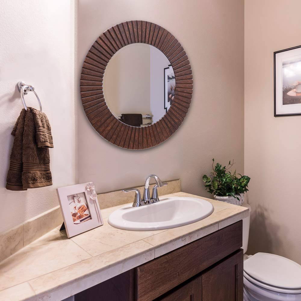 30'' Round Mirror with Wood Frame, Large Decorative Mirror for Wall, Farmhouse Bathroom Mirror with Bronze Groove