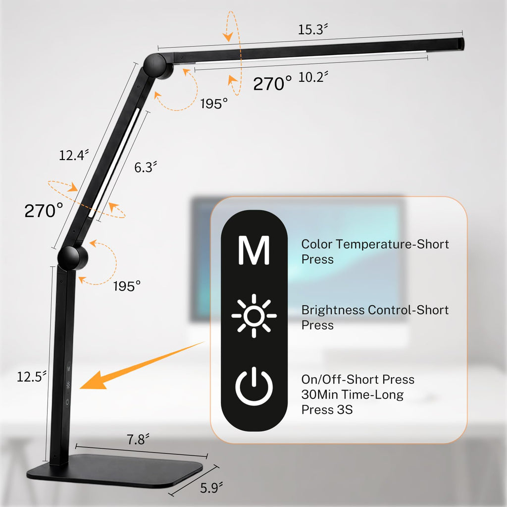 LED Desk Lamp with Base, Dimmable Eye Care Architect Desk Light, Adjustable Swing Arm Dual-Light Lighting