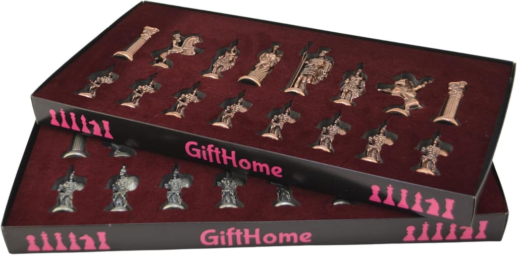 Historical Antique Copper Rome Figures Metal Chess Set for Adults, Handmade Pieces and Marble Design Wood Chess Board