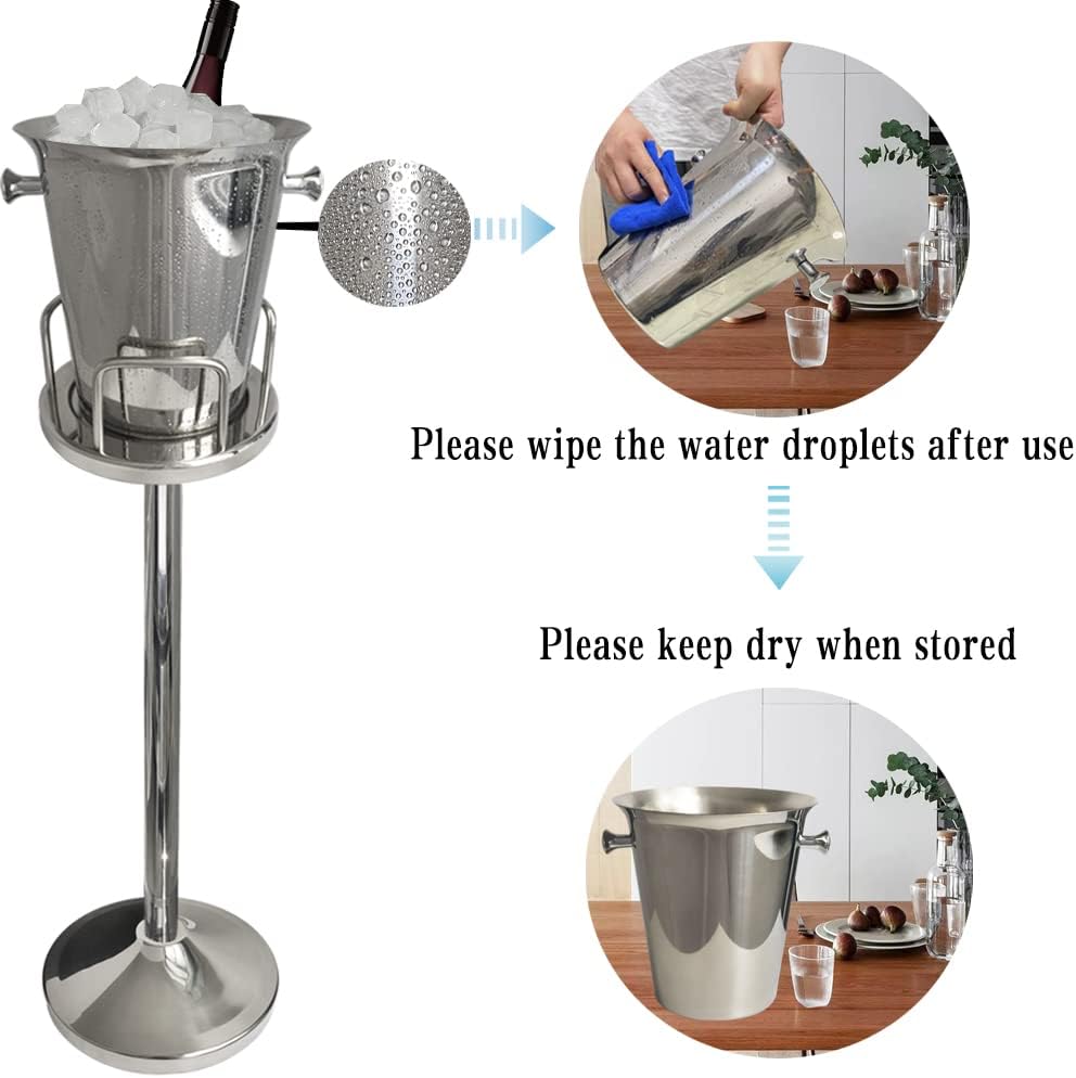 Ice Bucket with Stand 201 Stainless Steel Standing Ice Bucket Ice Cube Container, Wine Bucket on Stand Silver