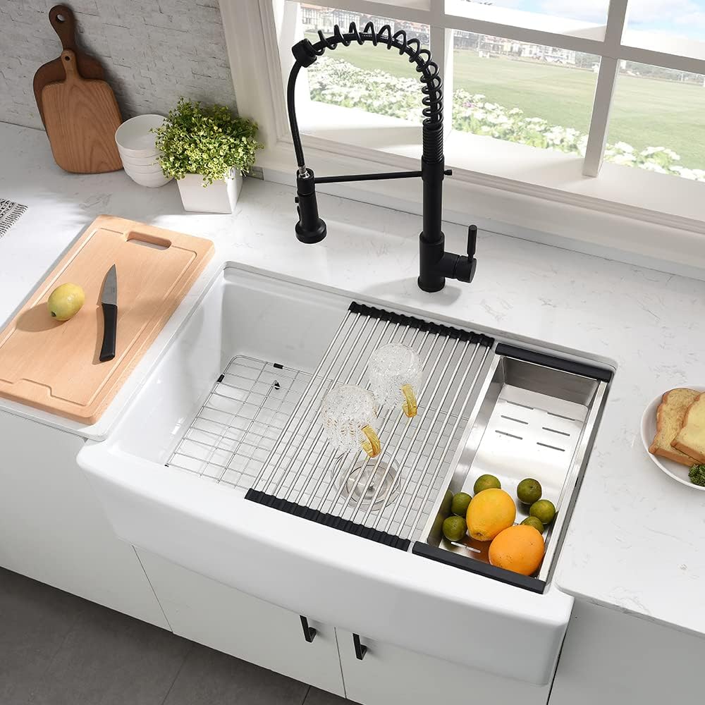 33 Inch Farmhouse Sink White Fireclay Porcelain Ceramic Farm Sink | 33x21 Farmhouse Kitchen Sink,Apron Front